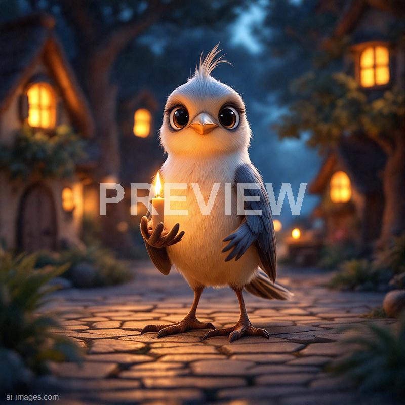 A cute, animated bird with large, expressive eyes, a small beak, and a crest of feathers on its head stands on a cobblestone path in a whimsical, fairy-tale-like village at dusk. The bird is holding a small lit candle in its wing, casting a warm glow on its soft feathers, with cozy houses featuring glowing windows and lush trees in the background under a darkening sky. The scene exudes a magical, peaceful atmosphere with detailed lighting and vibrant colors.